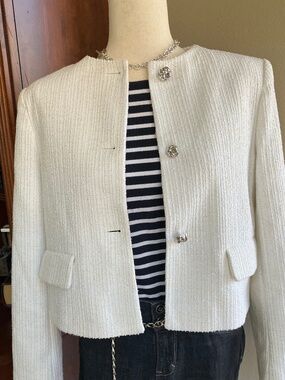 Zara Tweed White Cropped Jacket Size M NWT
